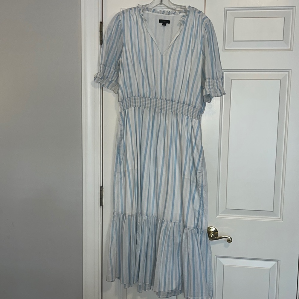 J. Crew Light Blue and White Striped Midi Dress
